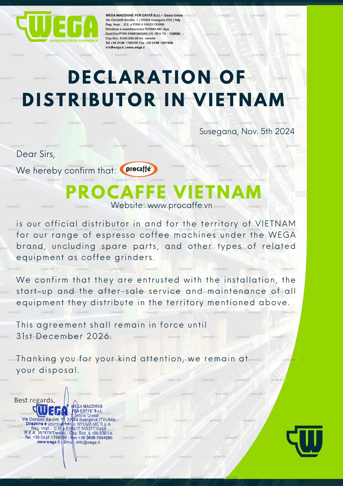 ProCaffe Group – Nhà phân phối độc quyền thương hiệu WEGA tại Việt Nam